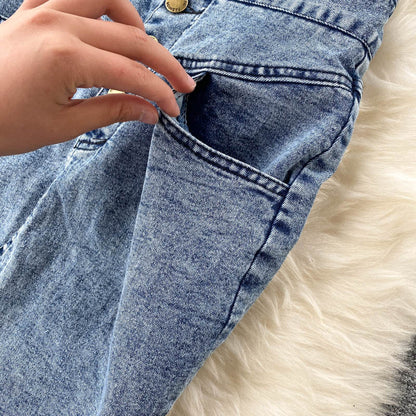 Women’s Denim Two Piece Skirt Set with Zipper Crop Top
