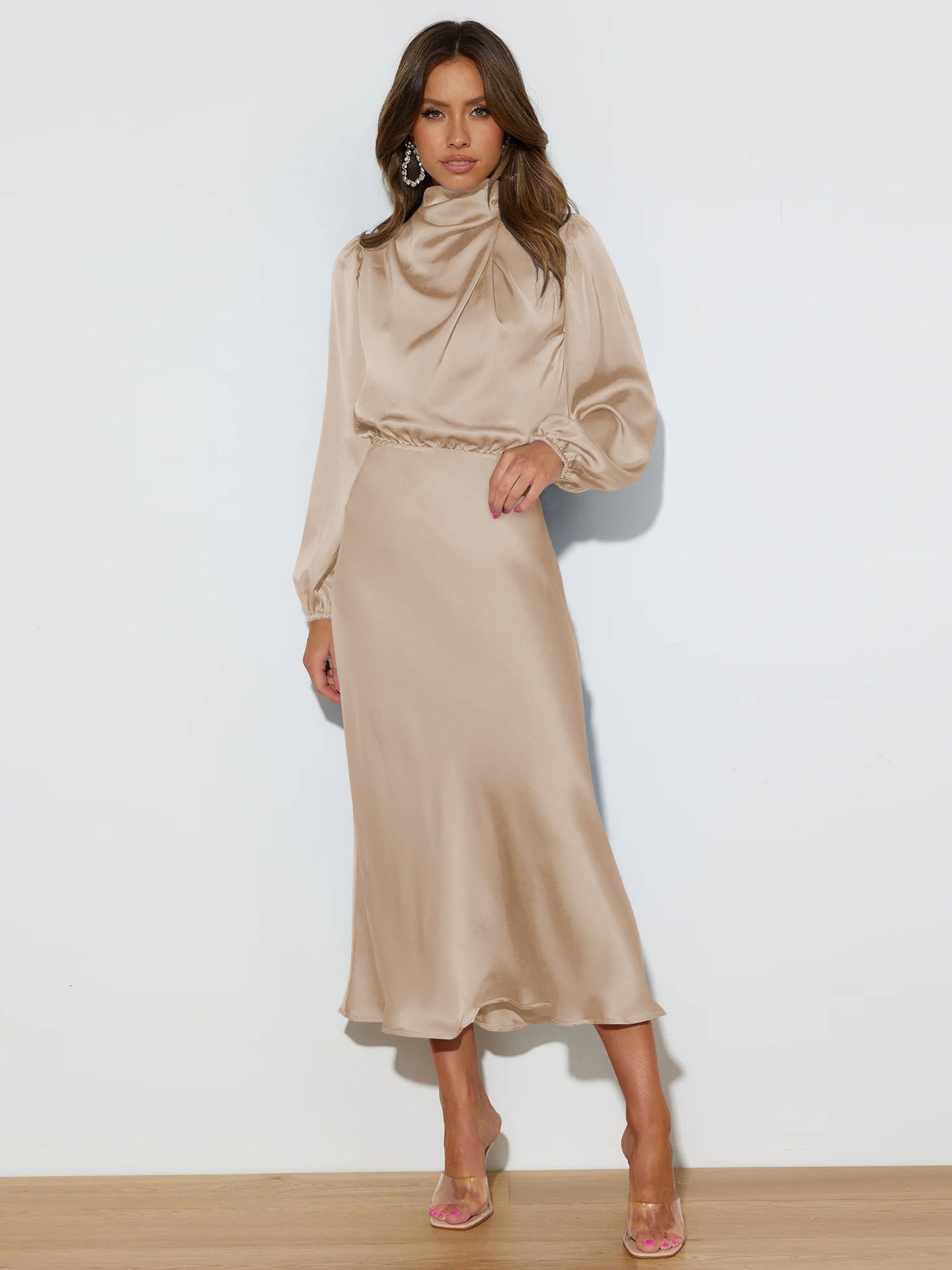 High Neck Long Sleeve Bridal Maxi Dress