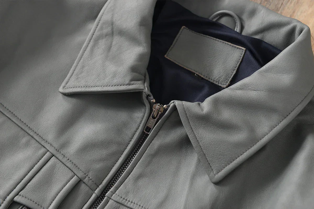 Men Grey Genuine Leather Bomber Jacket