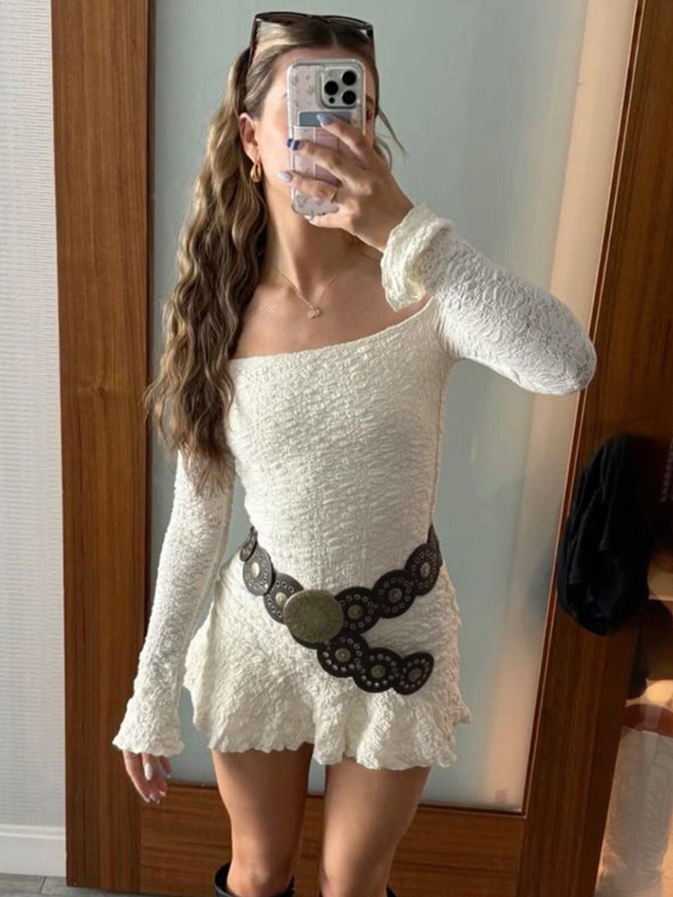 white off shoulder lace mini dress long sleeve fitted