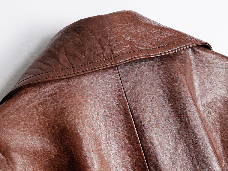 Women Leather Trench Coat Double-Breasted With Belt