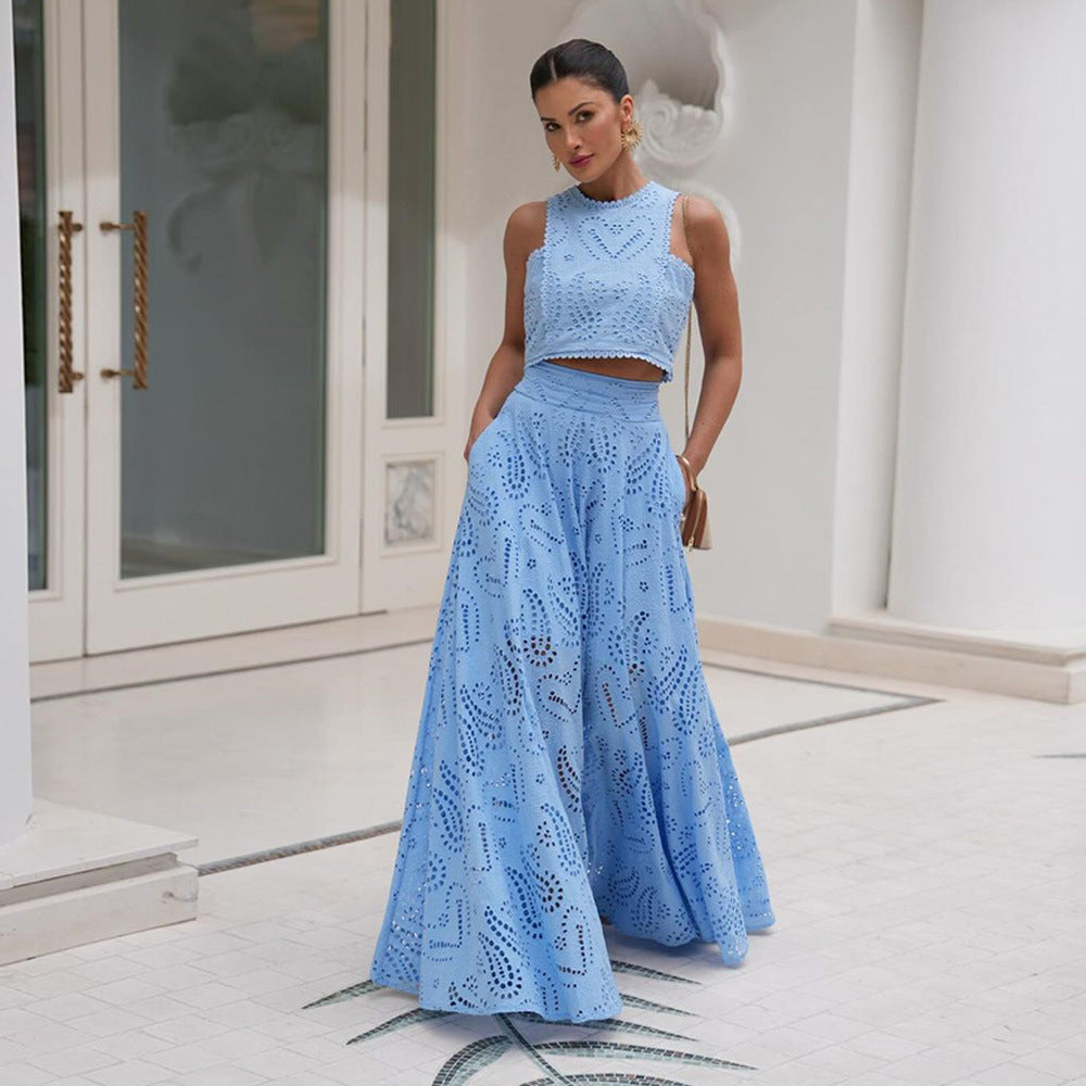 Women’s Lace Embroidered Hollow Two-Piece Midi Skirt Set