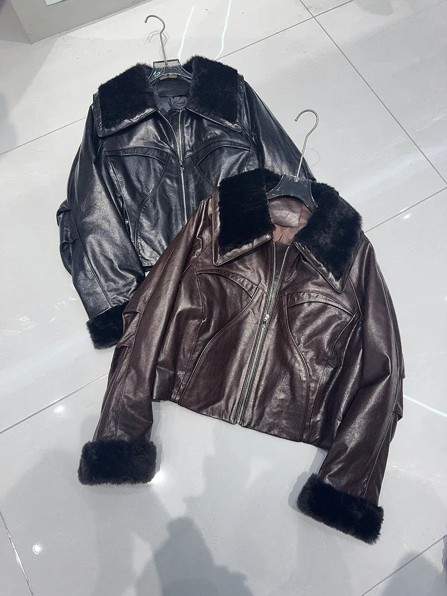 Genuine waxed sheepskin leather jacket with fur