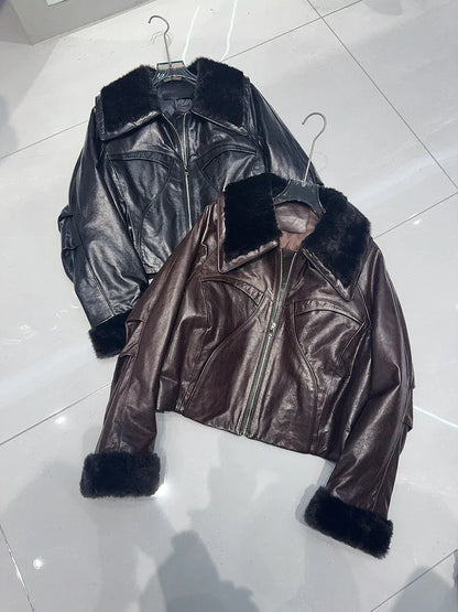 Genuine waxed sheepskin leather jacket with fur