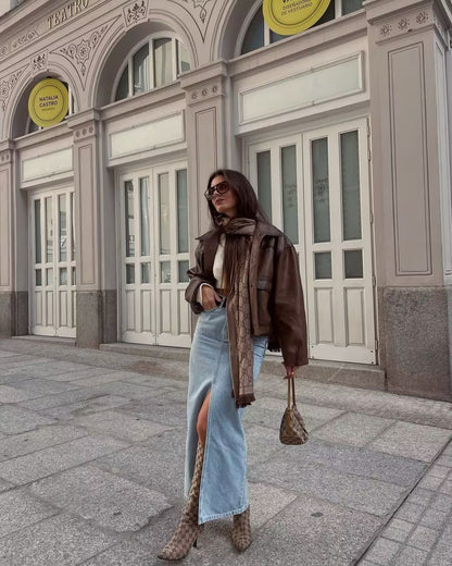 long denim skirt outfit