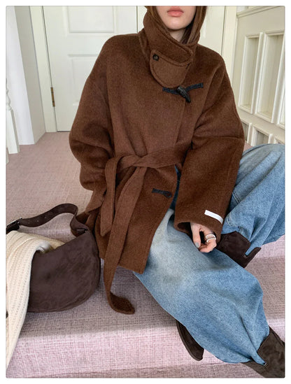 Women Wool Horn-Button Belted Funnel Coat