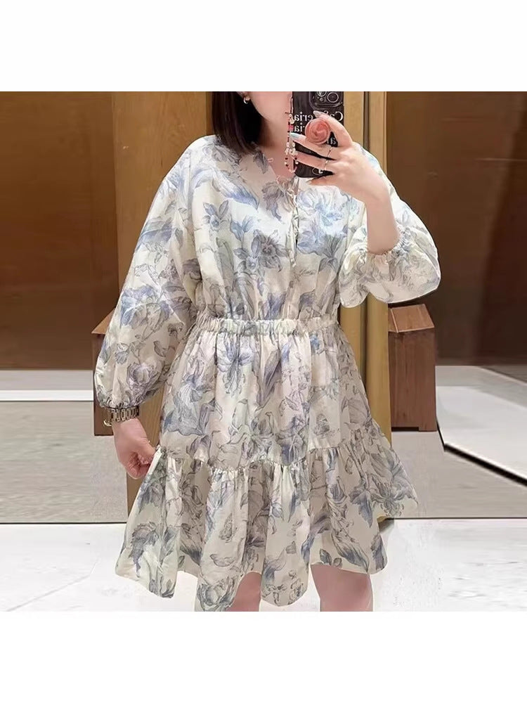 Floral linen mini dress puff sleeve summer flowy short dress