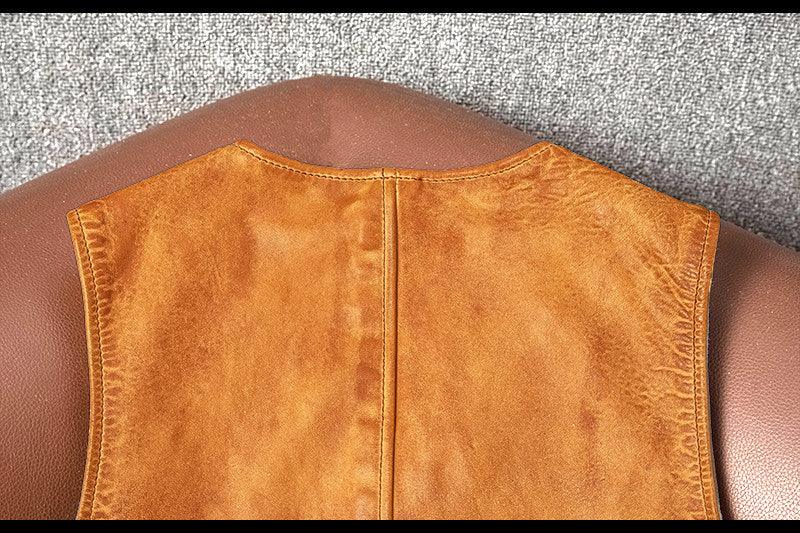 Men's slim-fit washed orange leather motorcycle vest