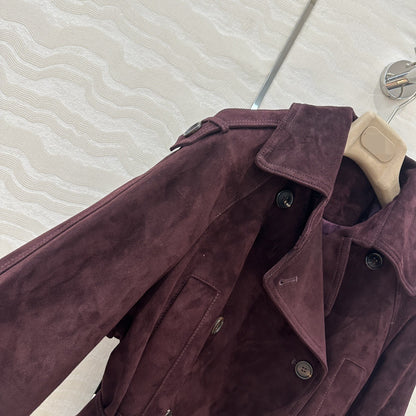 Women Cropped Suede Short Trench Jacket with Belt