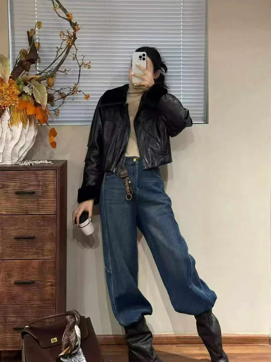 Genuine waxed sheepskin leather jacket with fur