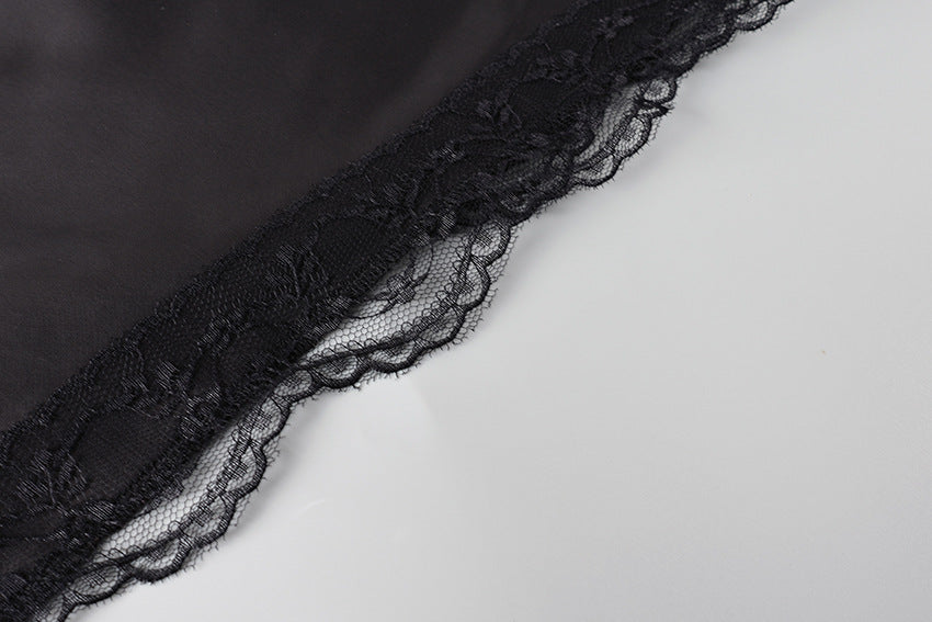 Black Satin Lace Trim Slit Mini Skirt