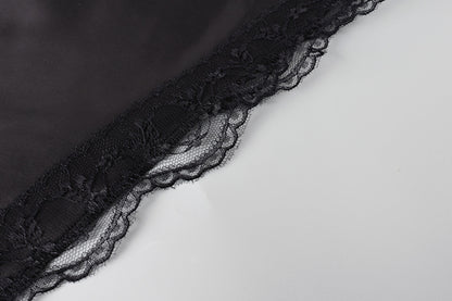 Black Satin Lace Trim Slit Mini Skirt