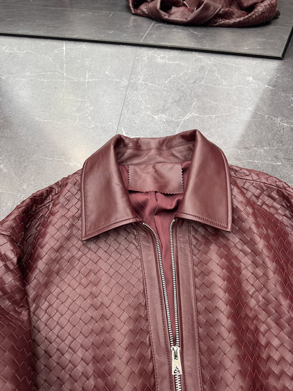 Old Money Style Braided Leather Jacket Loose Fit