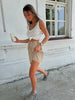 Beige Women Lace Satin Mini Skirt with Drawstring