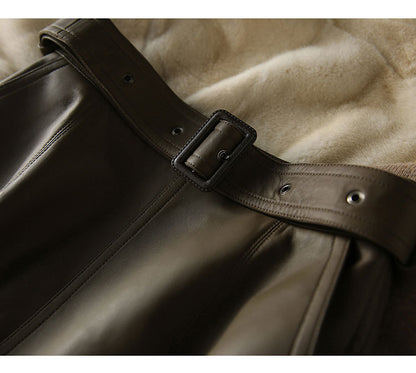 Olive Green Sheepskin Mid Length Leather Skirt with Belt and Slit