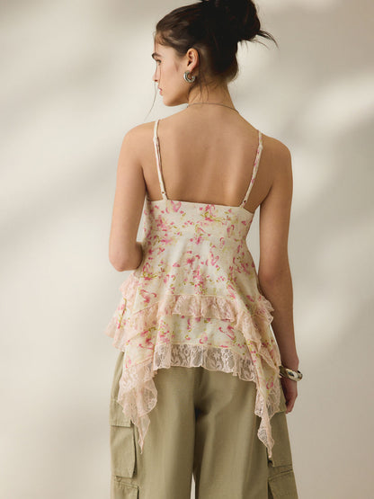 Floral camisole with lace ruffles and chiffon layers