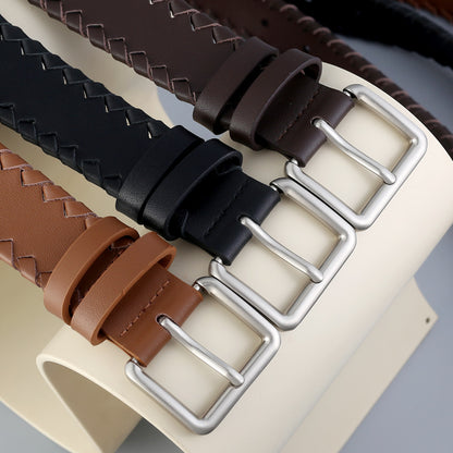 Women’s Braided Leather Belt Genuine Cowhide Silver Buckle