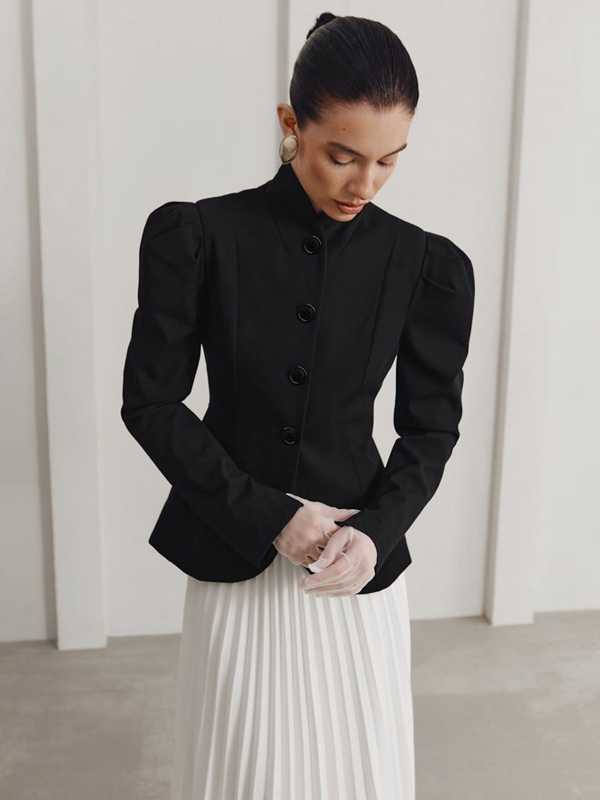Women’s Stand-Up Collar Black Blazer Puff Sleeve Work Jacket