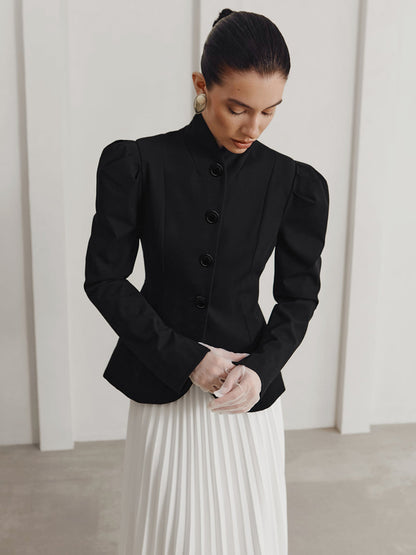 Women’s Stand-Up Collar Black Blazer Puff Sleeve Work Jacket