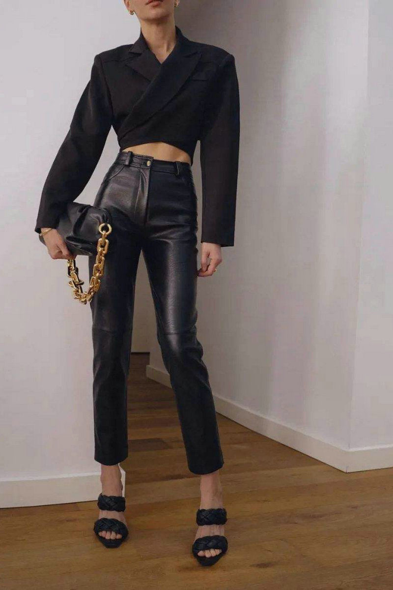 Women High Waisted Genuine Leather Carrot Pants