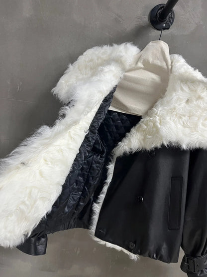 Black Leather Jacket Women Real Fur Lined Winter Coat