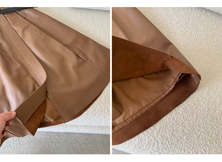 Sheepskin a-line leather midi skirt belt