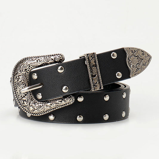 Gothic rivet belt with engraved buckle Black 100 cms