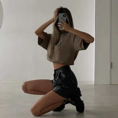 High waist pu leather a line shorts