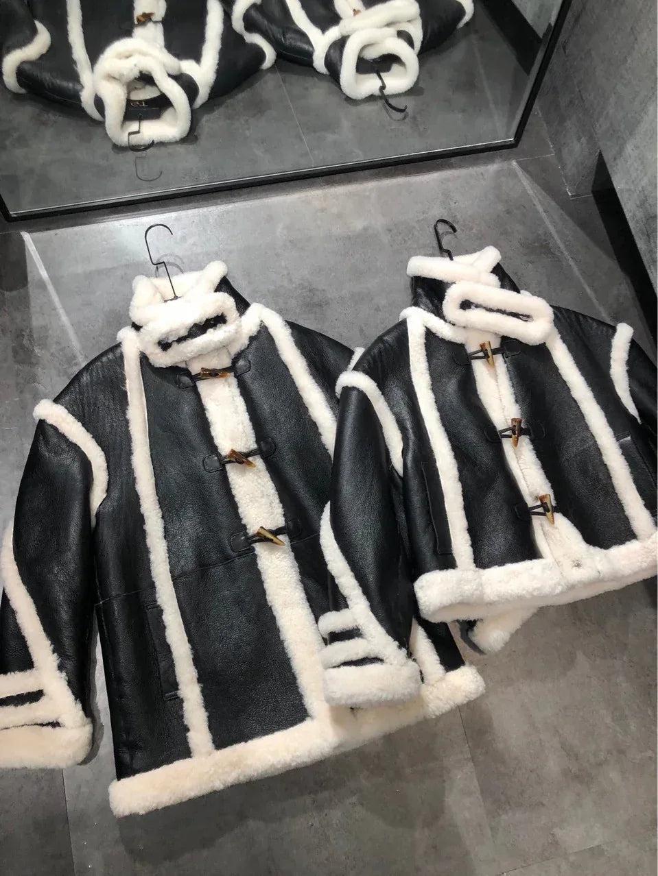 Shearling Leather Bomber Jacket With Fur Collar