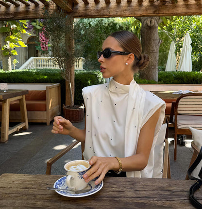 Women Polka Dot Sleeveless Backless Tie Bow Stand Collar Satin Top