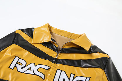 Yellow and Black Faux Leather Biker Jacket Women