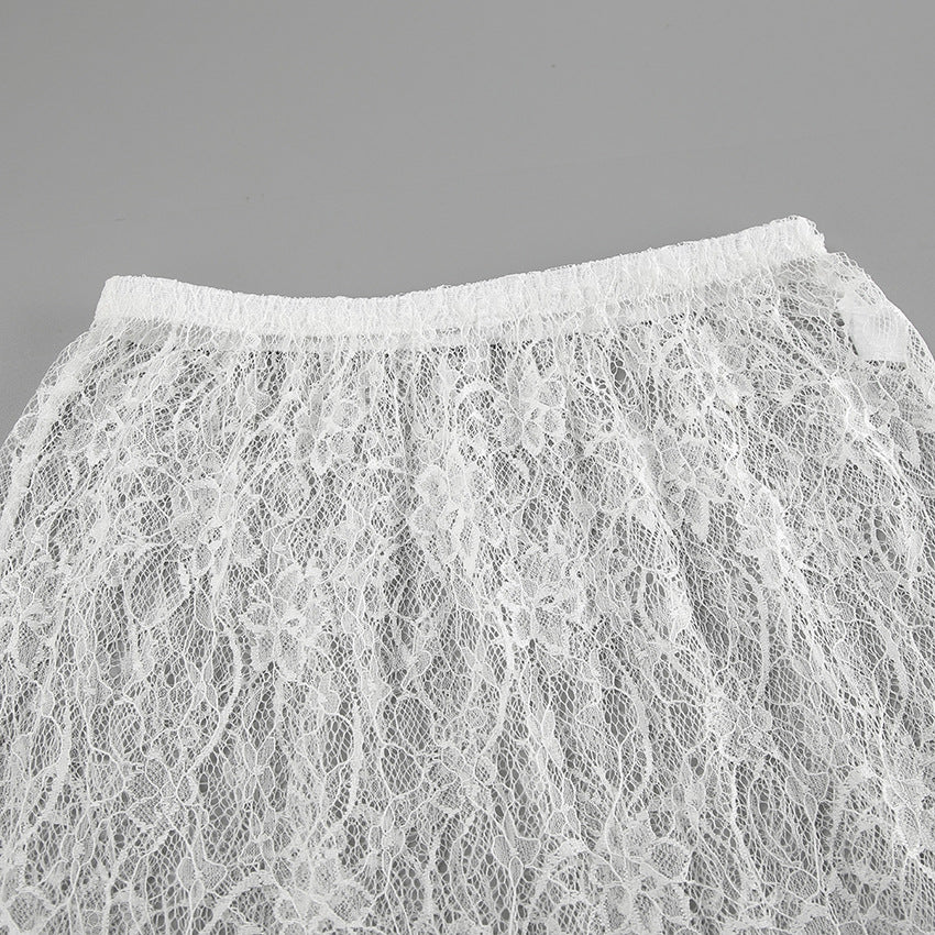 Women’s White Lace High Waist Midi Skirt