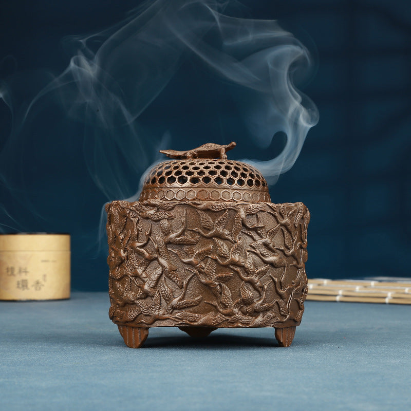 Copper Incense Burner with Crane Design and Decorative Pierced Lid