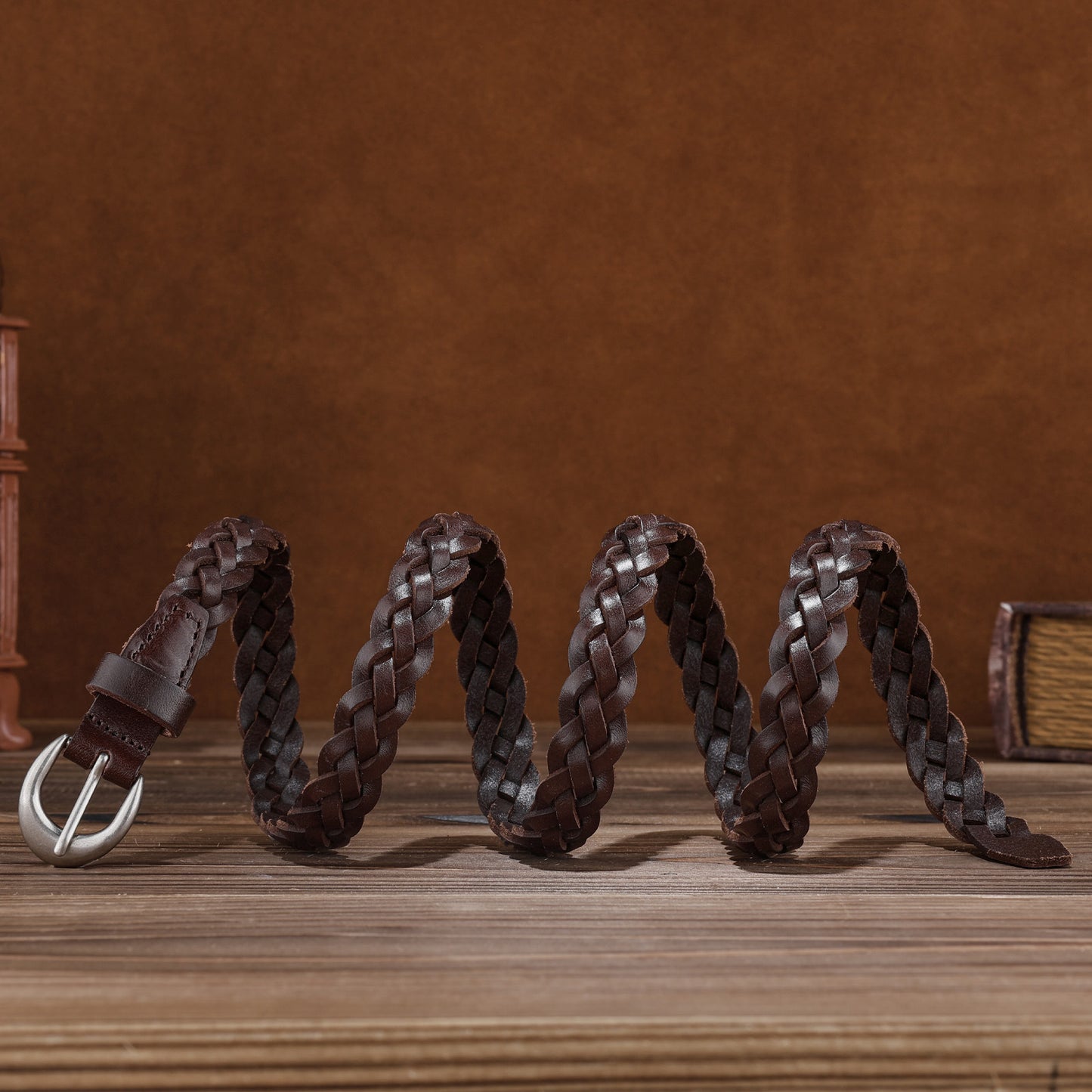 Braided genuine leather belt with silver buckle