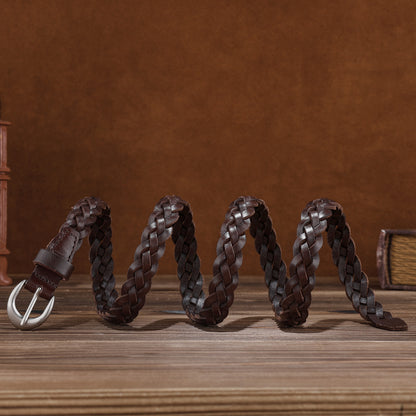 Braided genuine leather belt with silver buckle