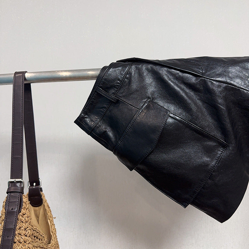 High Waisted Black Genuine Leather Shorts with Front Pockets