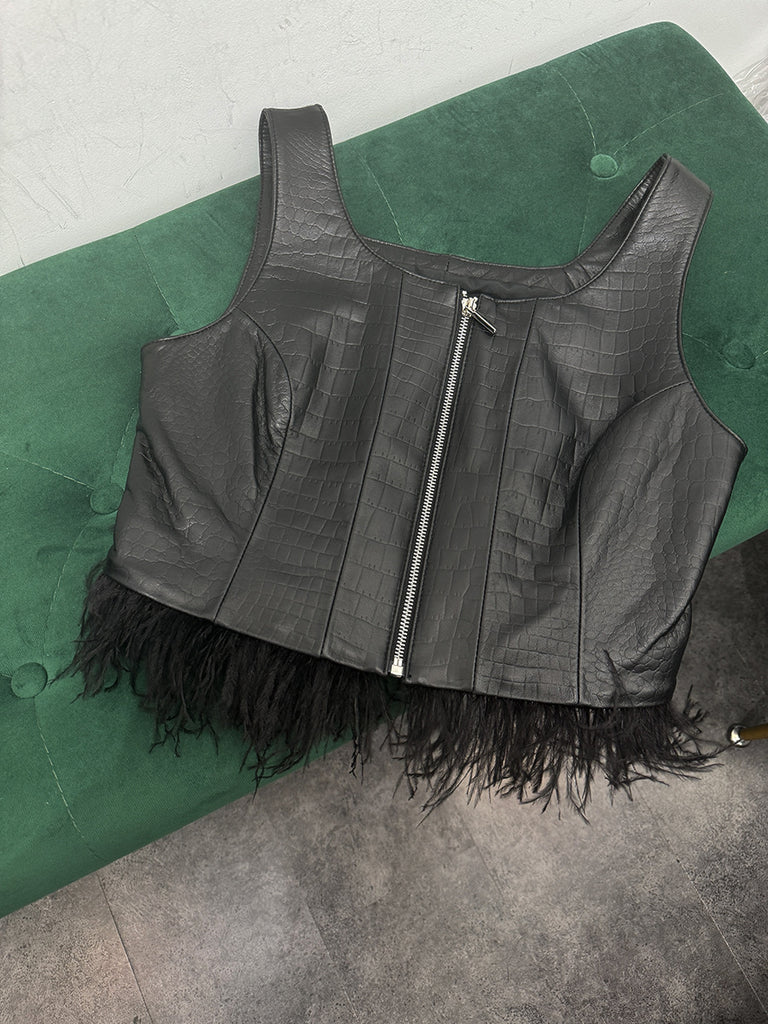 Women’s Genuine Leather Vest with Ostrich Feather Hem