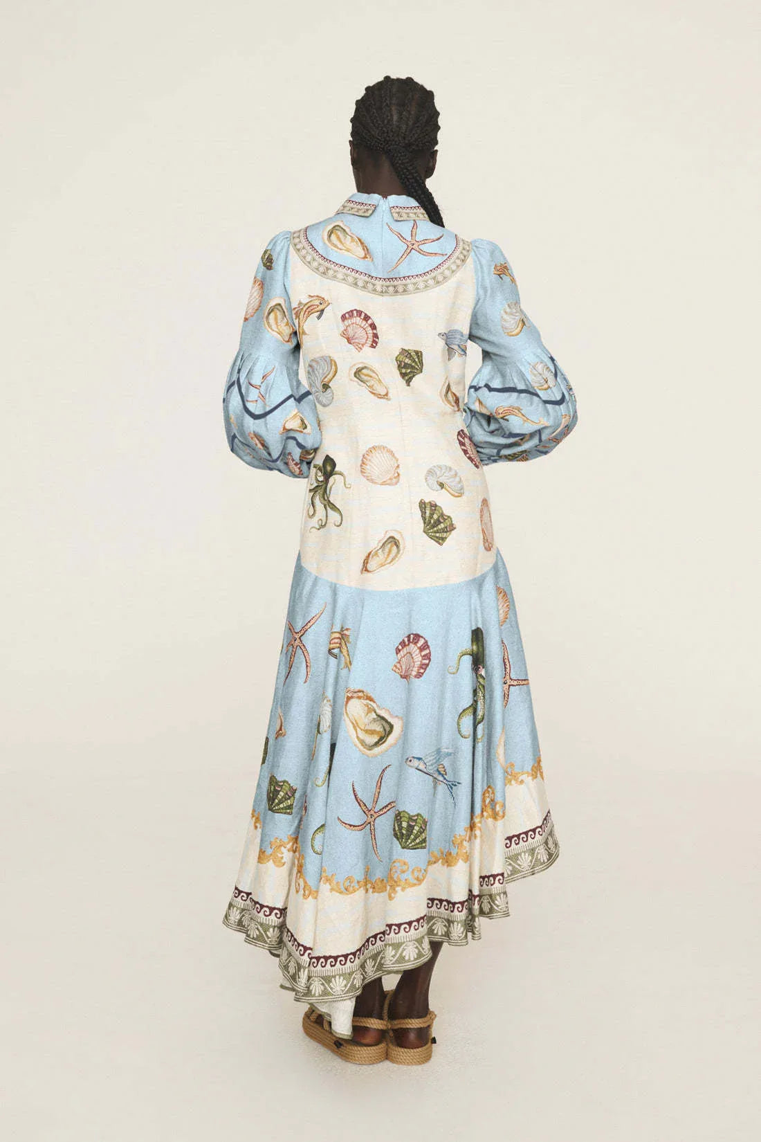 Sea print linen pan collar maxi dress