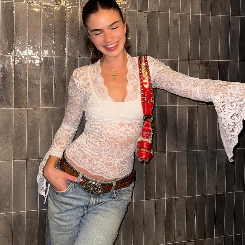 Deep V Lace Top Women Sheer Slim Fit Bell Sleeve Blouse