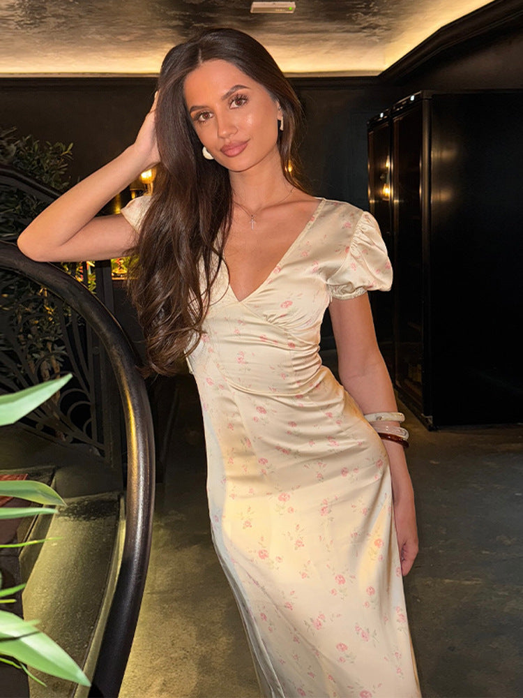 Sweet floral v neck fitted waist women dress