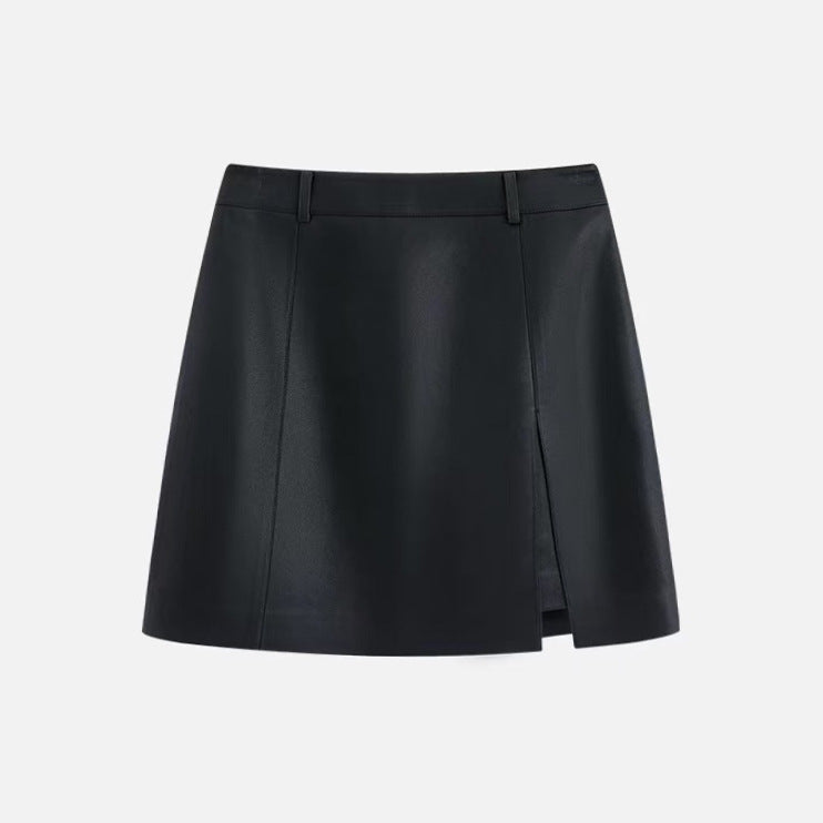 Genuine Leather Mini Skirt High Waist A-Line with Slit