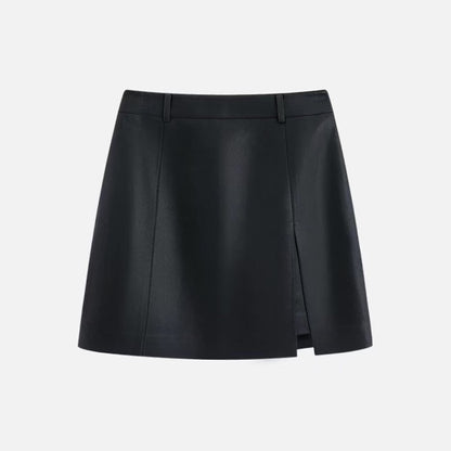 Genuine Leather Mini Skirt High Waist A-Line with Slit
