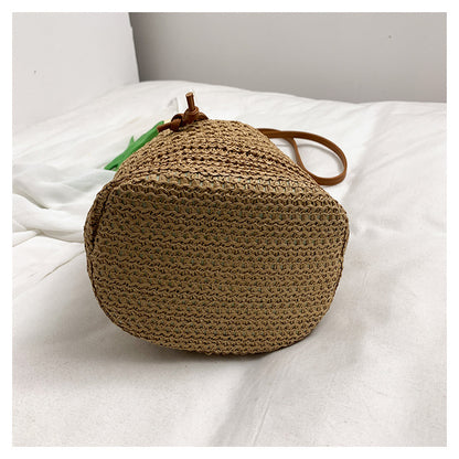 Straw Beach Bucket Bag for Women with Leather Strap