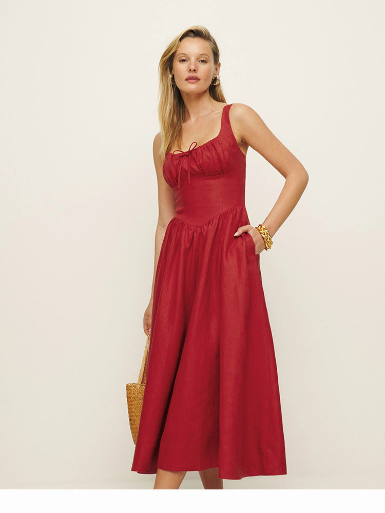 White linen a line midi sundress square neck summer