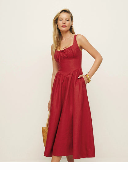 White linen a line midi sundress square neck summer