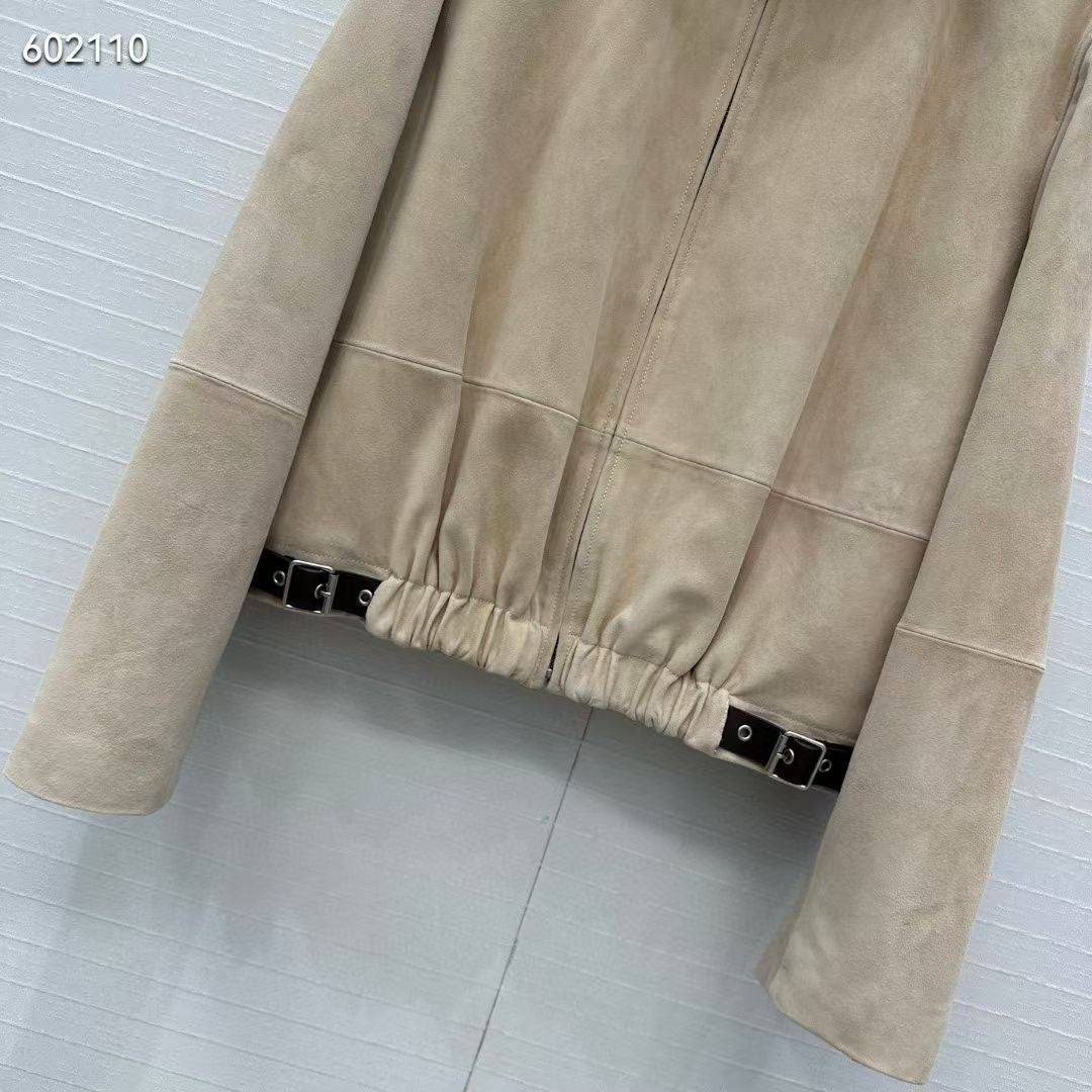 Women Beige Suede Bomber Jacket With Buckle Detail