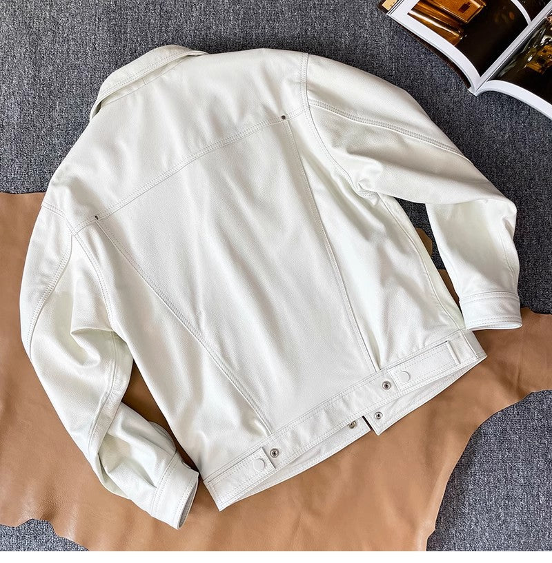 White Genuine Leather Causal Jacket for Men Retro Lapel