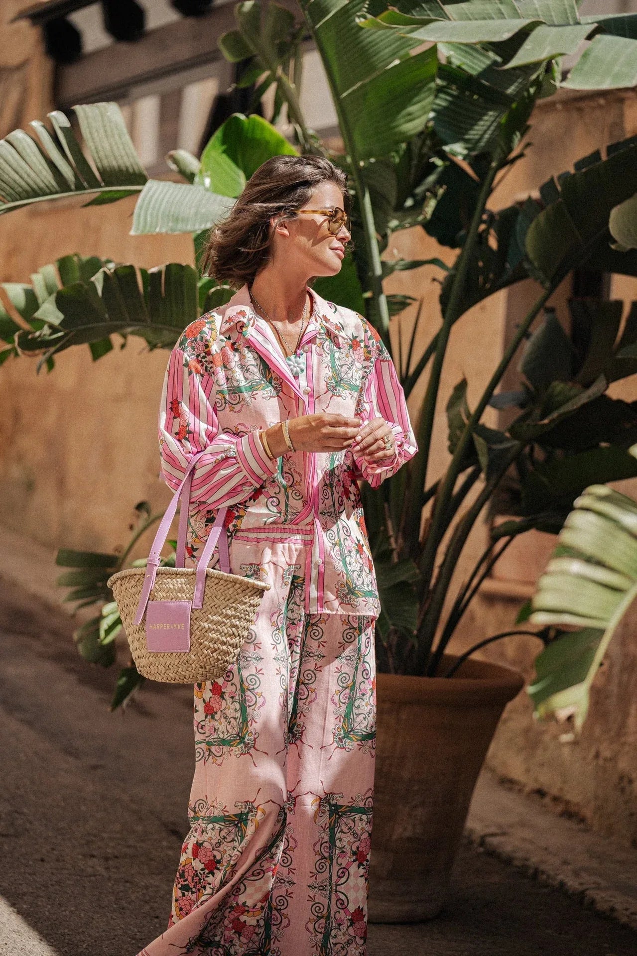 Printed macaron linen long sleeve two piece set