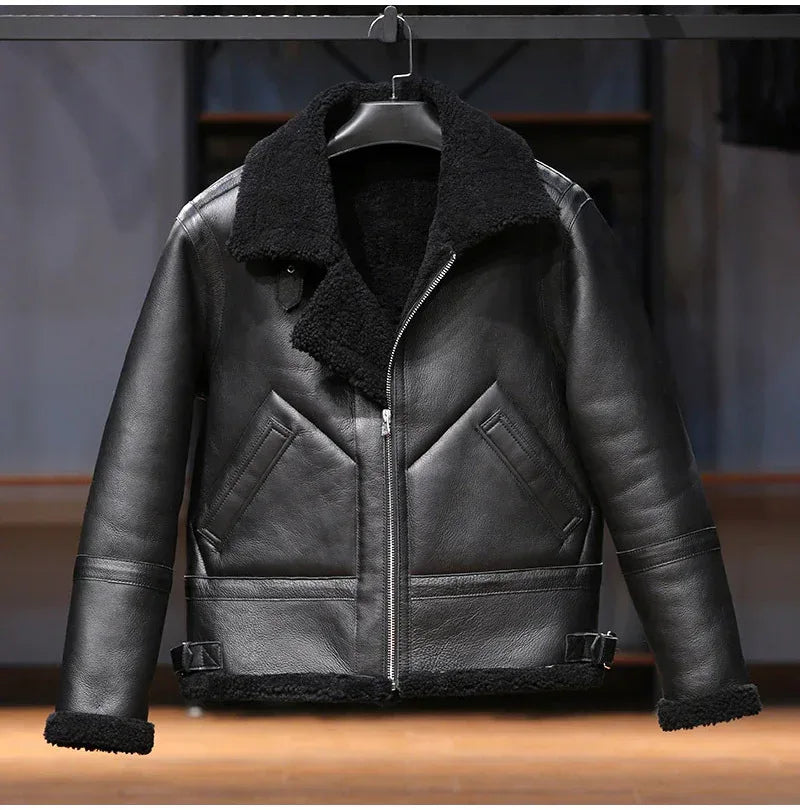 Men Real Sheepskin Shearling Fur Flight Bomber Jacket