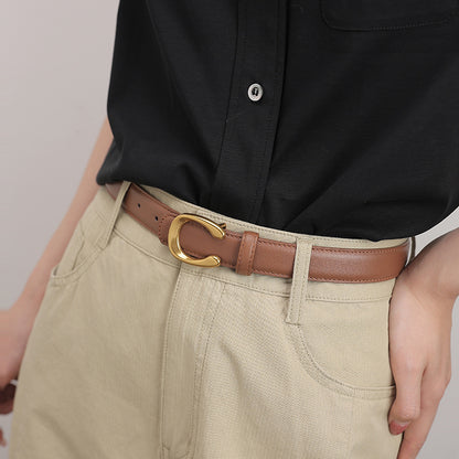 Women’s Black Leather Belt with Slim Gold C Buckle